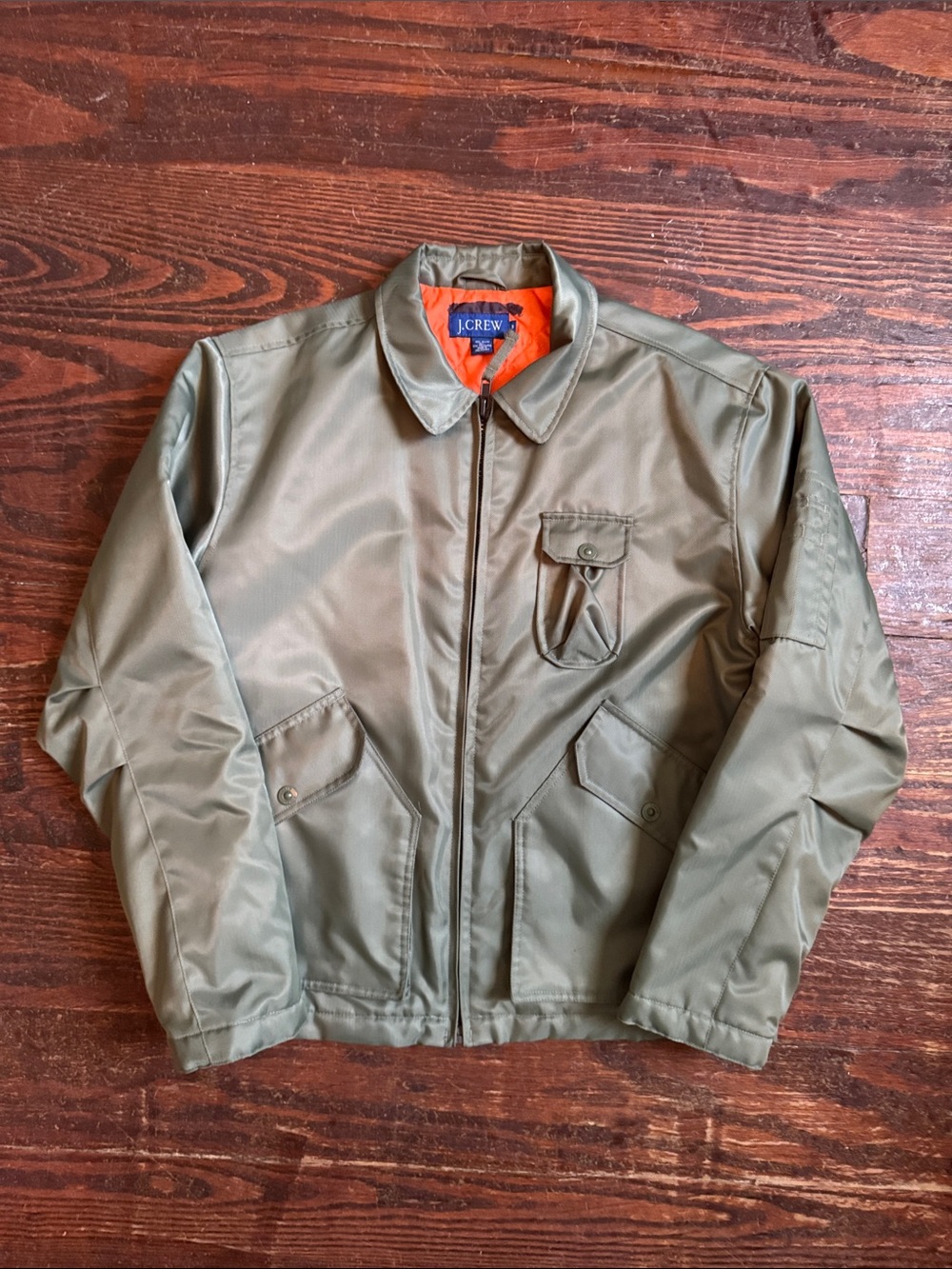 Vintage J. Crew Olive Bomber Green Jacket with Orange Lining Size M